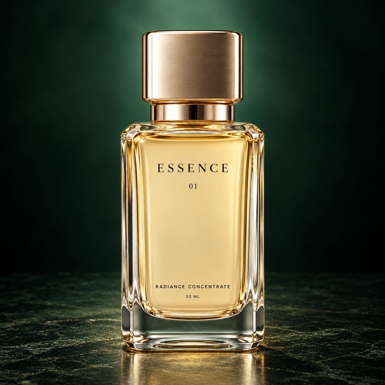 A faceted glass beauty essence bottle with a champagne-metal cap in a deep emerald campaign setting